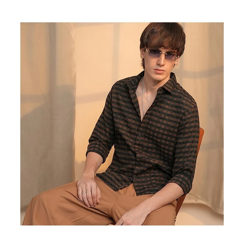 Campus Sutra Men's Chocolate Brown & Charcoal Black Gingham Shirt
