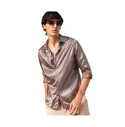 Campus Sutra Men's Metallic Brown Sheen Chevron Shirt