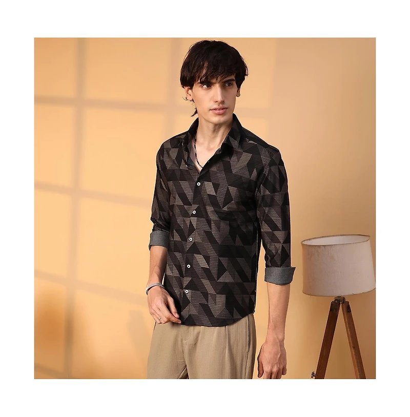 Campus Sutra Men's Midnight Black Geometric Seersucker Shirt