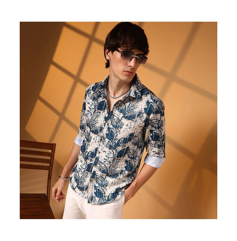 Campus Sutra Men's Ivory White & Indigo Blue Foliage-Waffle Shirt