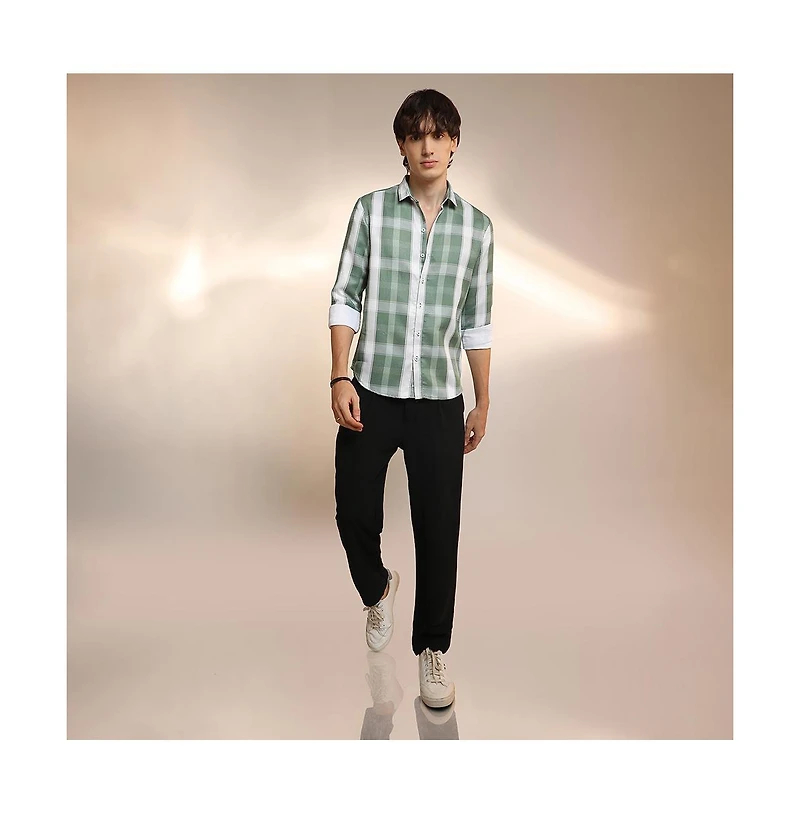 Campus Sutra Men's Sage Green Tartan Plaid Shirt