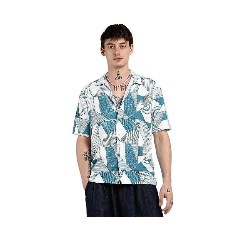 Campus Sutra Men's Steel Blue Oversized Geometric Lined Shirt