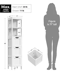 Vanirror Bathroom Storage Cabinet, Slim 12" Depth, 3 Drawers & 2 Shelves, 56"H x 12"W, White