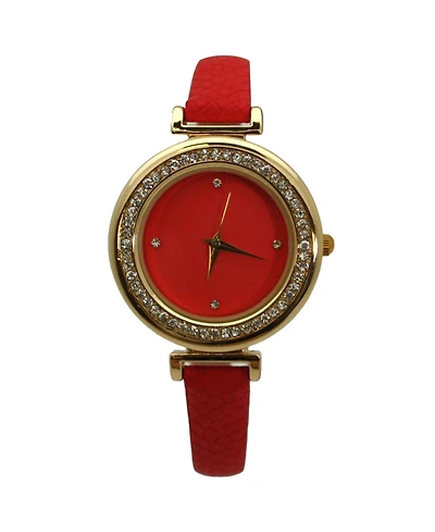 Olivia Pratt Red Faux Leather Solid Colors and Rhinestones Women Watch