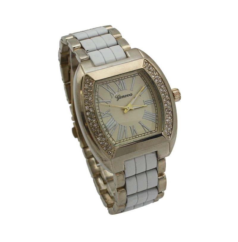 Olivia Pratt White Rhinestione Accent Square Dial Metal Watch