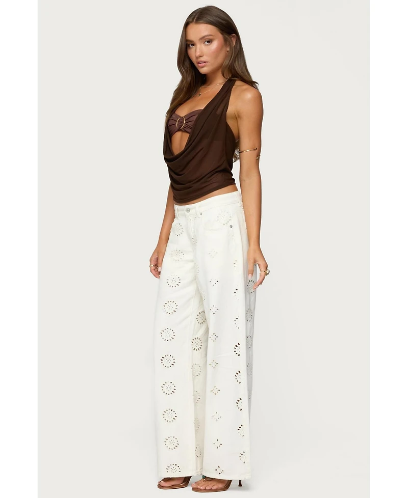 Edikted Womens Eyelet Low Rise Wide Leg Jeans