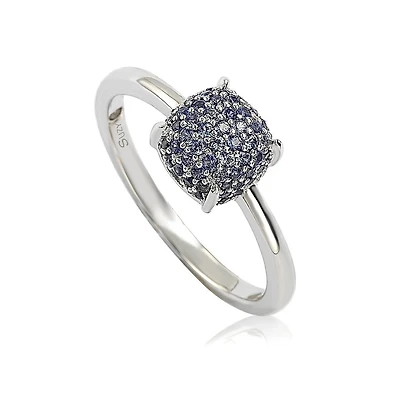 Suzy Levian Sterling Silver Sapphire Pave Puff Solitaire Ring