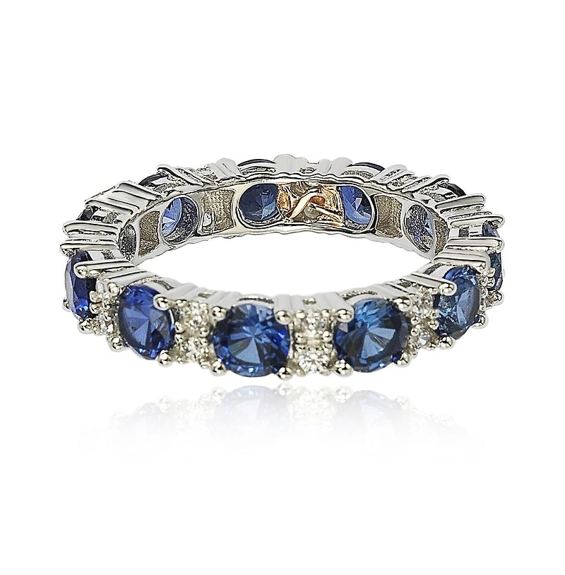 Suzy Levian New York Sterling Silver Sapphire & Created White Round Cut Eternity Band Ring