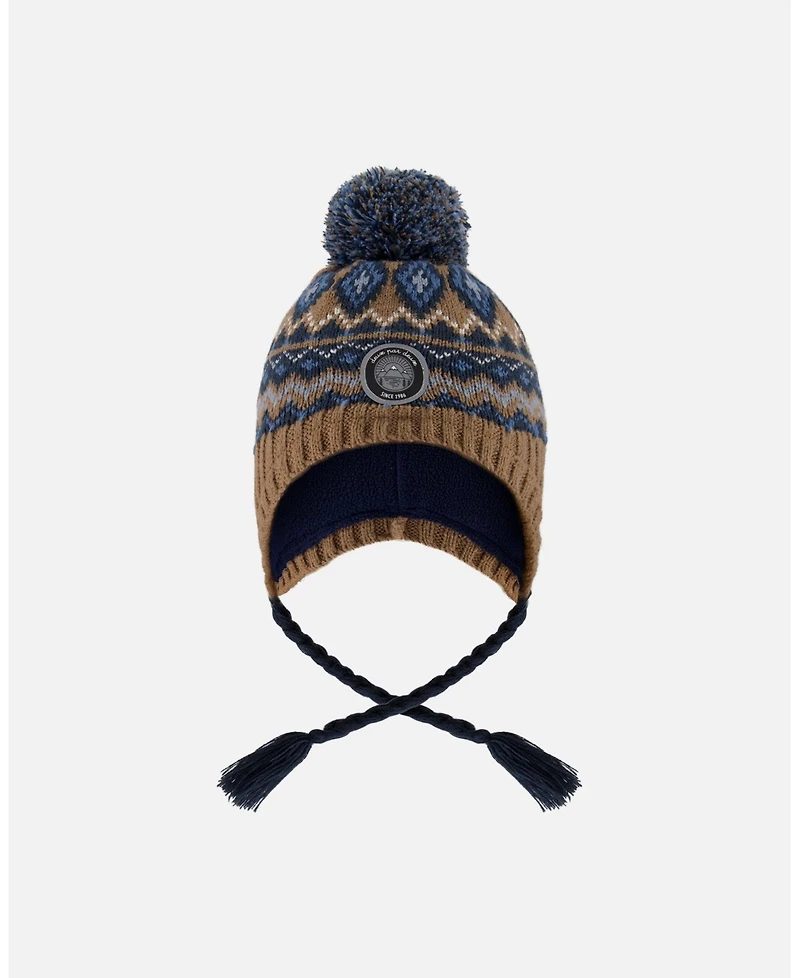 Deux par Baby Boy Lined Peruvian Knit Pompom Hat Taupe and Navy