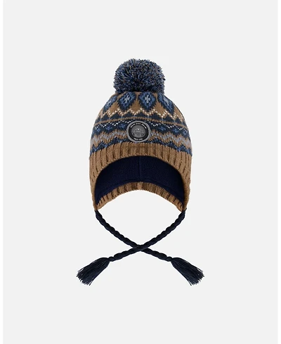 Deux par Baby Boy Lined Peruvian Knit Pompom Hat Taupe and Navy 
