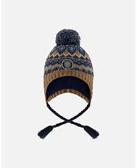 Deux par Baby Boy Lined Peruvian Knit Pompom Hat Taupe and Navy 