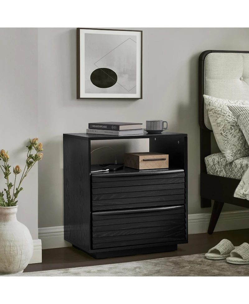Casainc Nightstand with Charging Station & Outlet Hole 2 Solid Wood Drawers