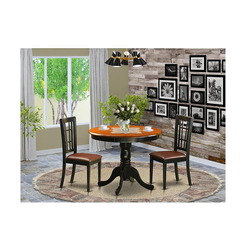 East West Furniture 3 Pc Dining Table with 2 Leather Chairs in Black and Cherry