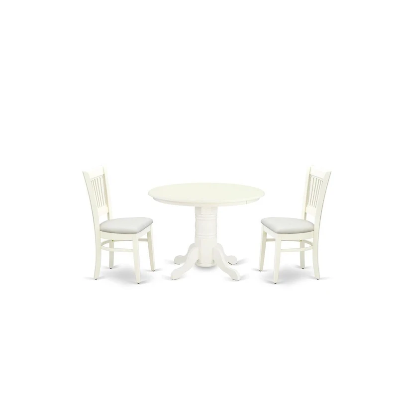 East West Furniture 3-Pc Modern Dining Table Set- 2 Dining Chair and Dining Table - Linen Fabric Seat and Slatted Chair Back - Linen White Finish