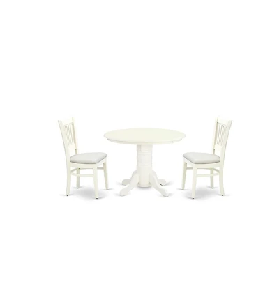 East West Furniture 3-Pc Modern Dining Table Set- 2 Dining Chair and Dining Table - Linen Fabric Seat and Slatted Chair Back - Linen White Finish