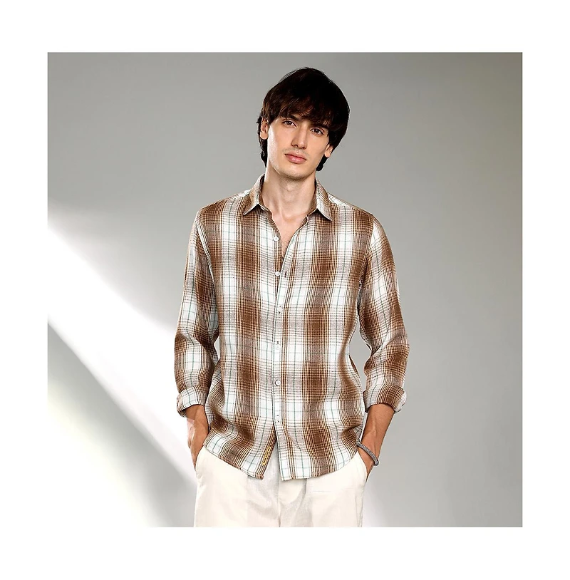 Campus Sutra Men's Chocolate Brown & Cream White Ombre Buffalo Check Shirt