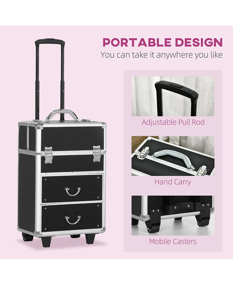 Homcom Rolling Makeup Train Case Traveling Cart Trunk w/ Swivel Wheel Key