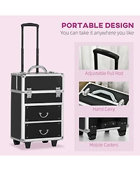 Homcom Rolling Makeup Train Case Traveling Cart Trunk w/ Swivel Wheel Key