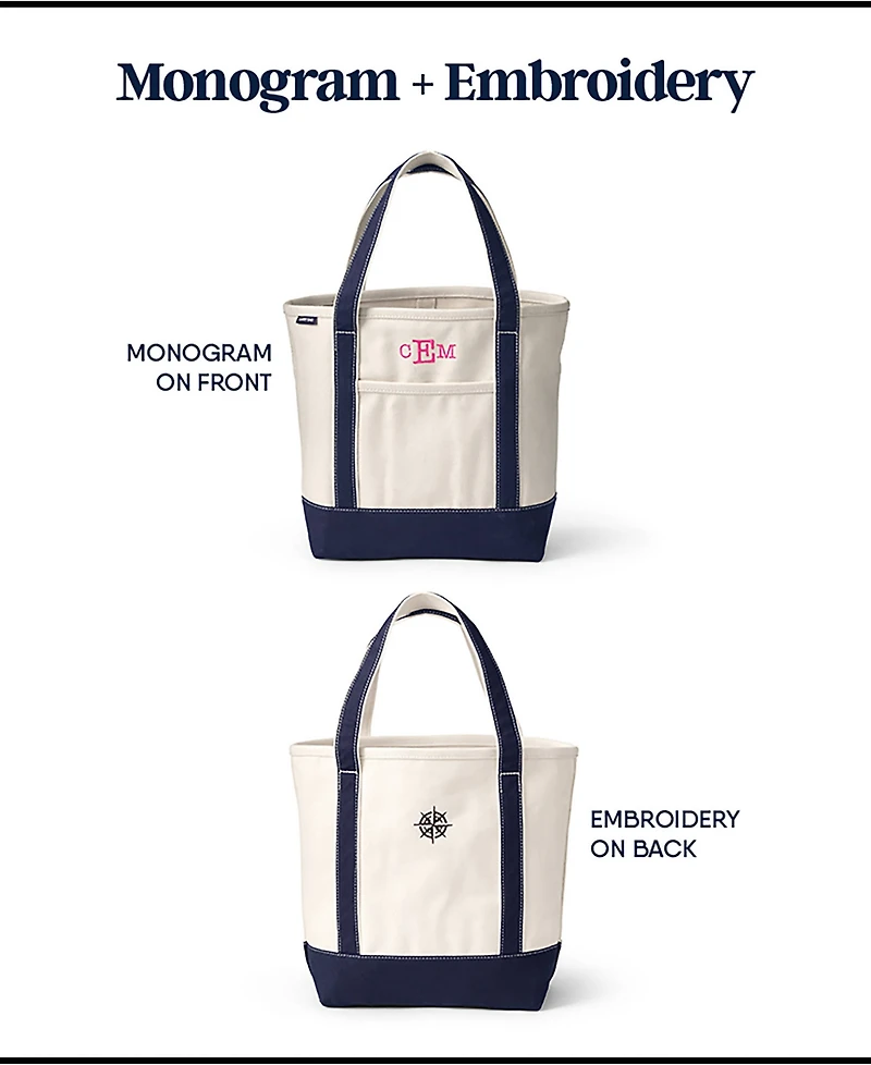 Lands' End Solid Color 5 Pocket Zip Top Long Handle Canvas Tote Bag