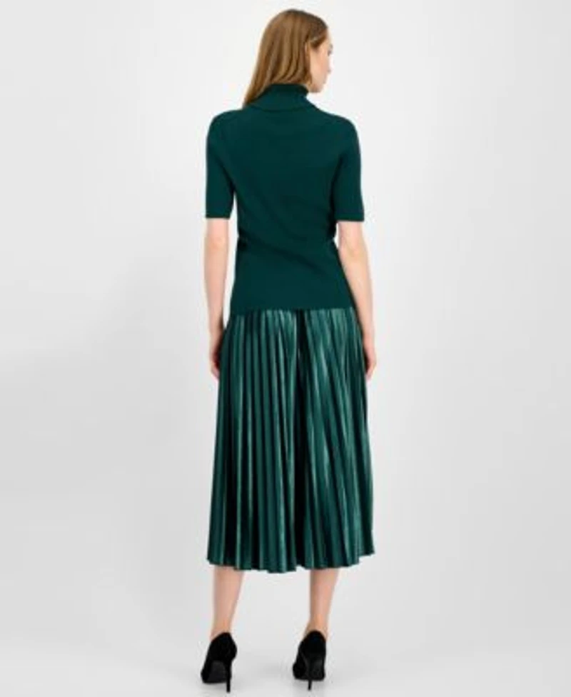 Anne Klein Womens Half Sleeve Turtleneck Sweater Pleated Flared Midi Skirt