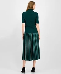 Anne Klein Womens Half Sleeve Turtleneck Sweater Pleated Flared Midi Skirt