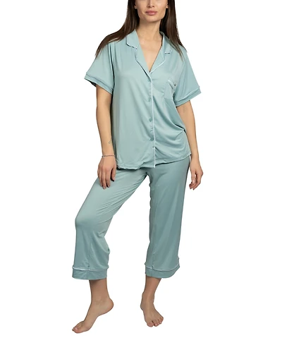 Bcbg Maxazria Women's Short Sleeve Notch Collar Top and Capri Pants Pajamas 2-Piece Set