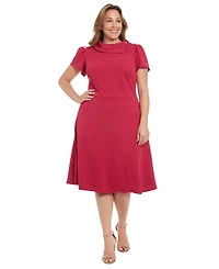 London Times Plus Foldover-Neck Fit & Flare Dress