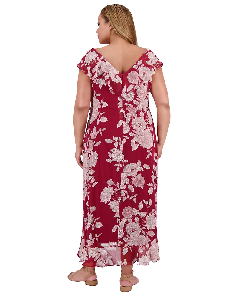 London Times Plus Ruffled Floral-Print Faux-Wrap Dress
