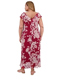 London Times Plus Ruffled Floral-Print Faux-Wrap Dress
