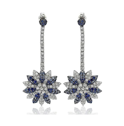 Suzy Levian Sterling Silver Sapphire & Created White Flower Drop Dangle Earrings