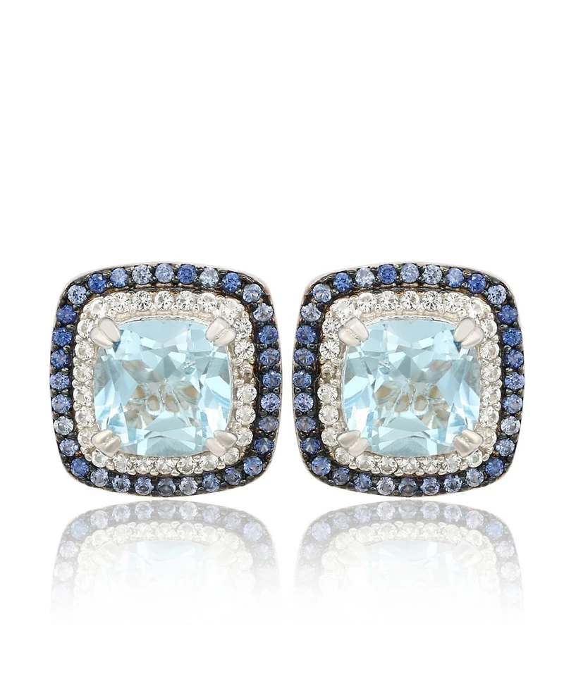Suzy Levian Sterling Silver Cushion Cut Topaz And Sapphire Accent Stud Earrings