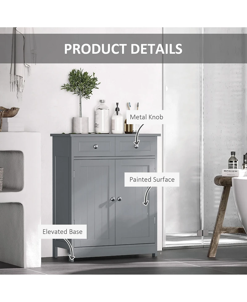kleankin Wooden Bathroom Floor Cabinet with 2 Doors, 2 Drawers and Adjustable Shelf,