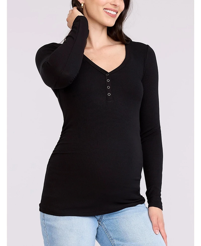 Motherhood Maternity Women's V-Neck Side-Ruched Long Sleeve Henley Tee