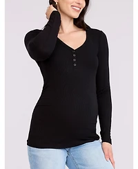 Motherhood Maternity Women's V-Neck Side-Ruched Long Sleeve Henley Tee