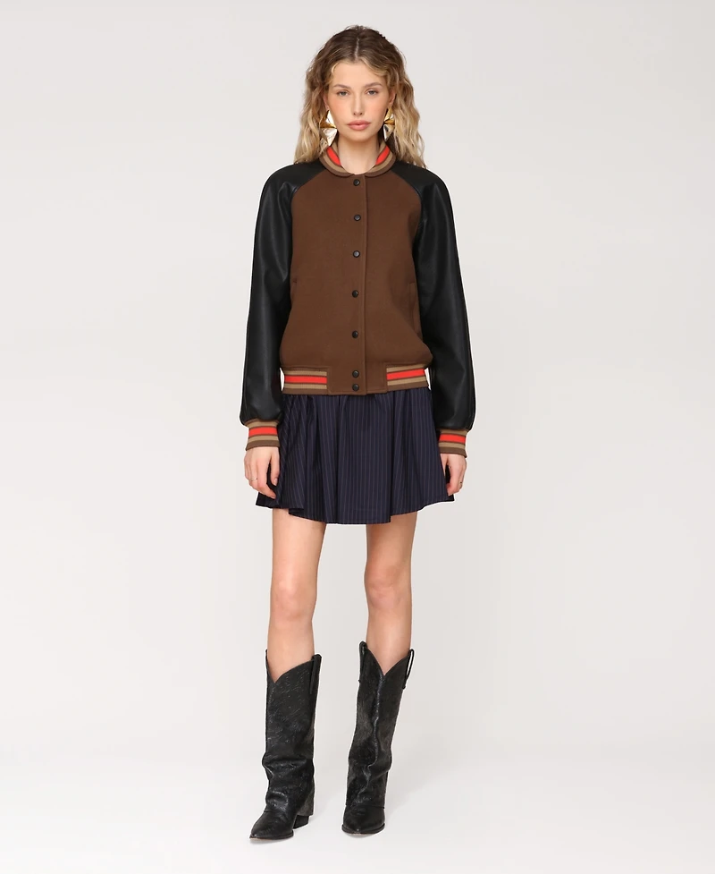 Avec Les Filles Women's Combo Sleeve and Roll Collar Varsity Bomber Jacket
