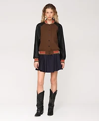 Avec Les Filles Women's Combo Sleeve and Roll Collar Varsity Bomber Jacket