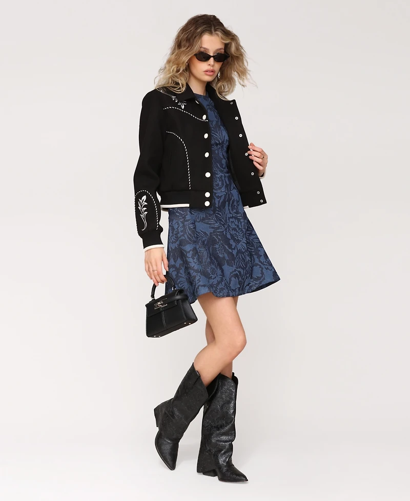 Avec Les Filles Women's Western Bomber Piping and Embroidery Jacket