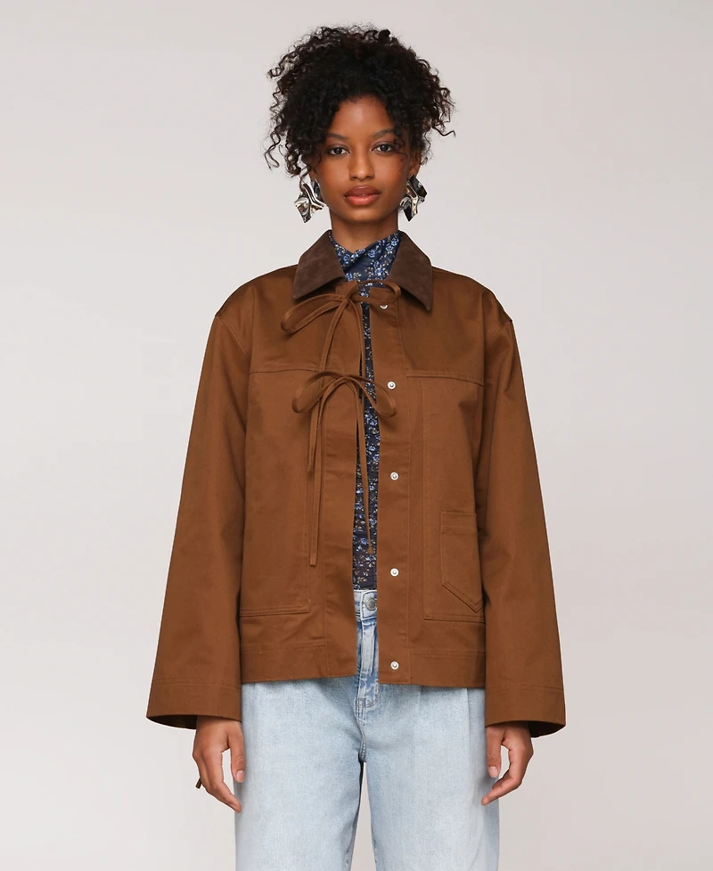 Avec Les Filles Women's Oversized Chore Big Patch Pockets and Bows Jacket