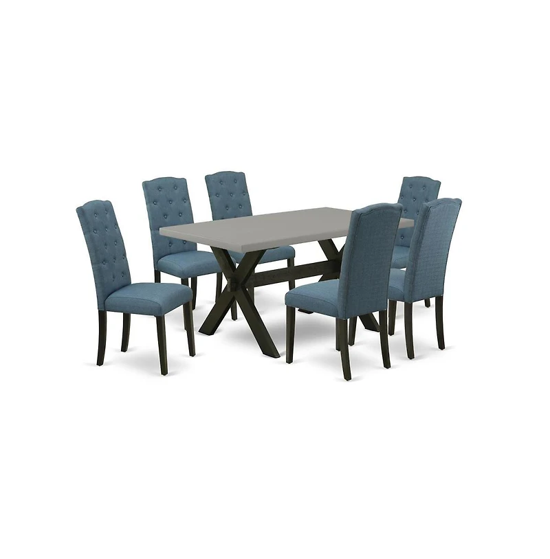 East West Furniture 7-Pc Kitchen Table Set - 6 Padded Parson Chairs and 1 Modern Rectangular Cement Dining Table Top with Button Tufted Chair Back