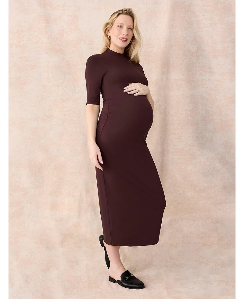 Motherhood Maternity Women's Mock Neck 3/4 Sleeve Ribbed Maxi Dress