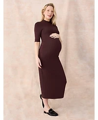 Motherhood Maternity Women's Mock Neck 3/4 Sleeve Ribbed Maxi Dress
