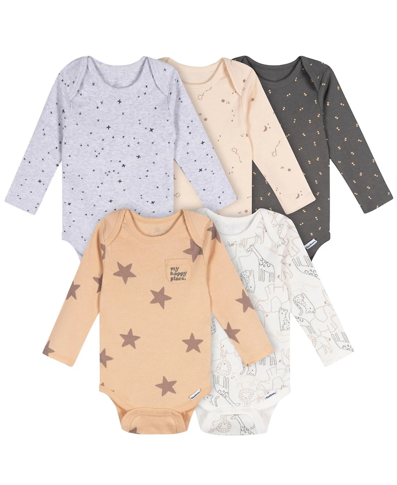 Gerber Baby Neutral 5-Pack Long Sleeve Bodysuits, Green Heather, 0-3 Months