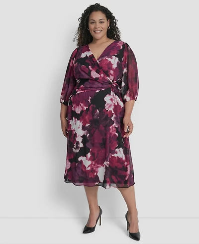 Dkny Plus Bubble Sleeve Surplice Neck Front Knot Midi Dress