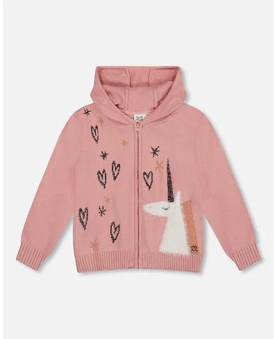 Deux par Girl Hooded Knit Cardigan Dusty Pink with Unicorn Intarsia - Child