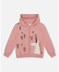 Deux par Girl Hooded Knit Cardigan Dusty Pink with Unicorn Intarsia - Child
