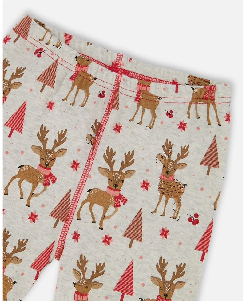 Deux par Girl Cotton Two-Piece Pajamas Beige Girly Reindeer Print