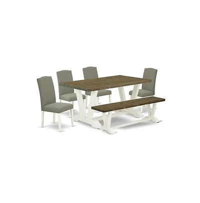 East West Furniture V076EN206-6 6-Piece Fashionable Rectangular Table Set a Superb Distressed Jacobean Wood Dining Table Top and Distressed Jacobean W
