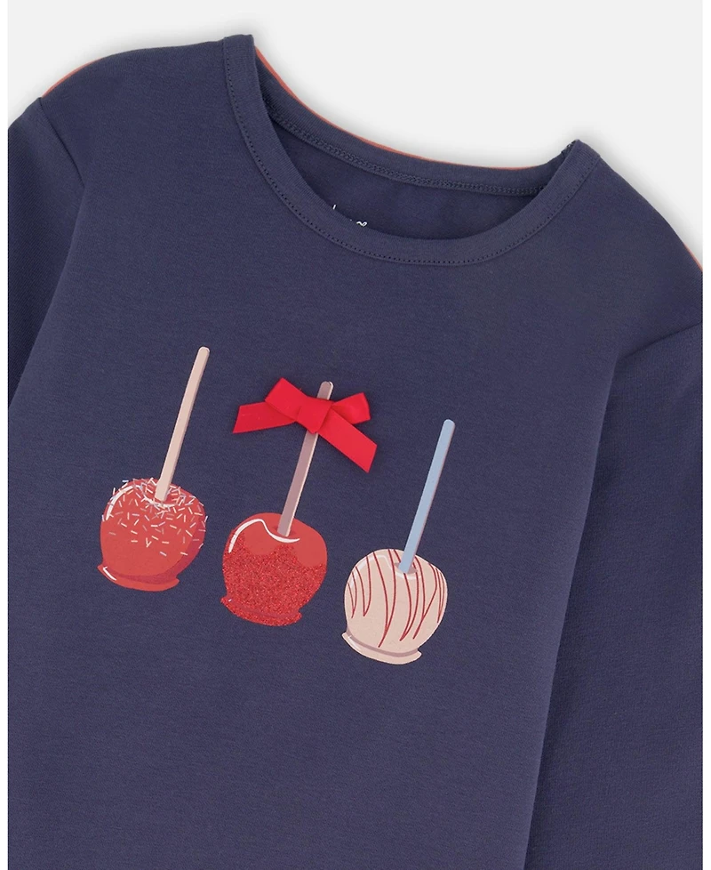 Deux par Girl Cotton T-Shirt Navy Blue with Apple Treats - Toddler|Child