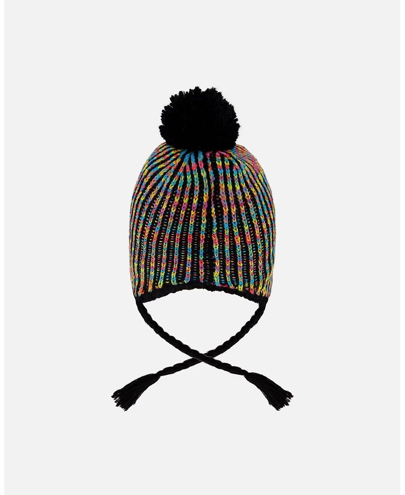 Deux par Girl Lined Peruvian Knit Pompom Hat Black and Multicolor - Toddler|Child