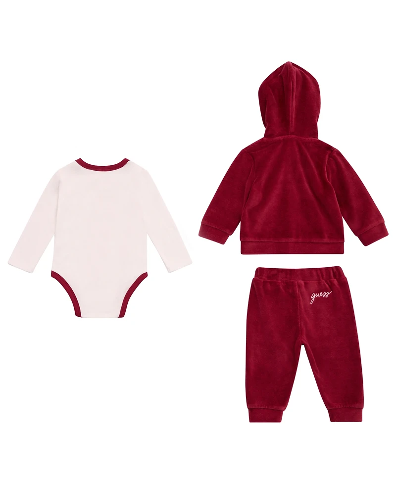 Guess Baby Girls 3-Piece Hooded Sweatshirt, Long Sleeve Bodysuit and Matching Pant Set